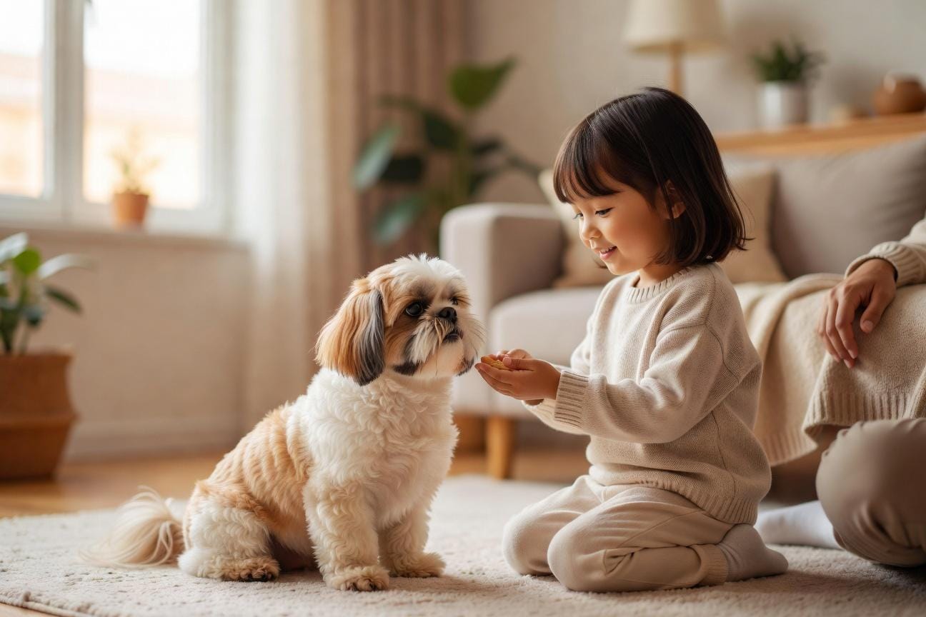 Bezpieczna relacja shih tzu z dzieckiem i mowa ciała
