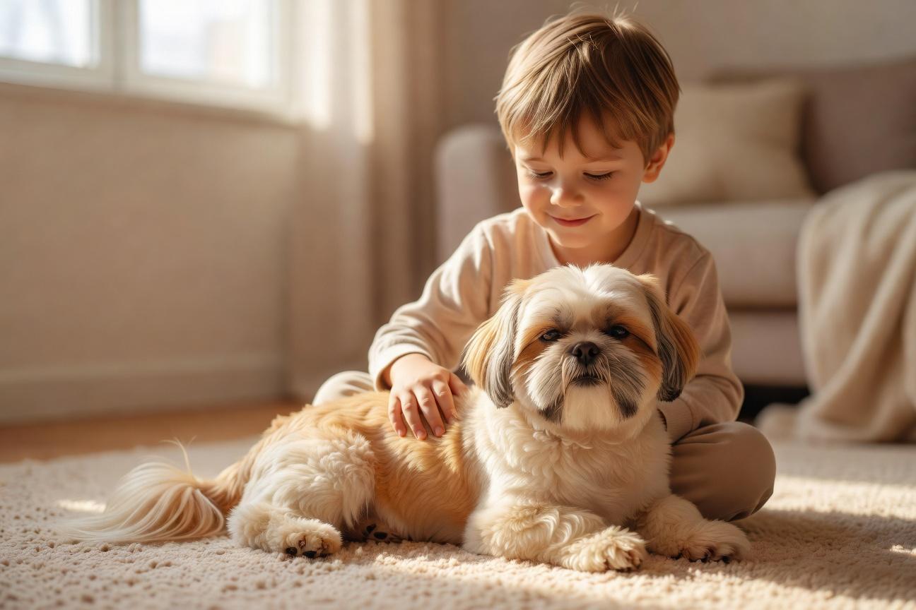 Bezpieczna relacja shih tzu z dzieckiem i mowa ciała
