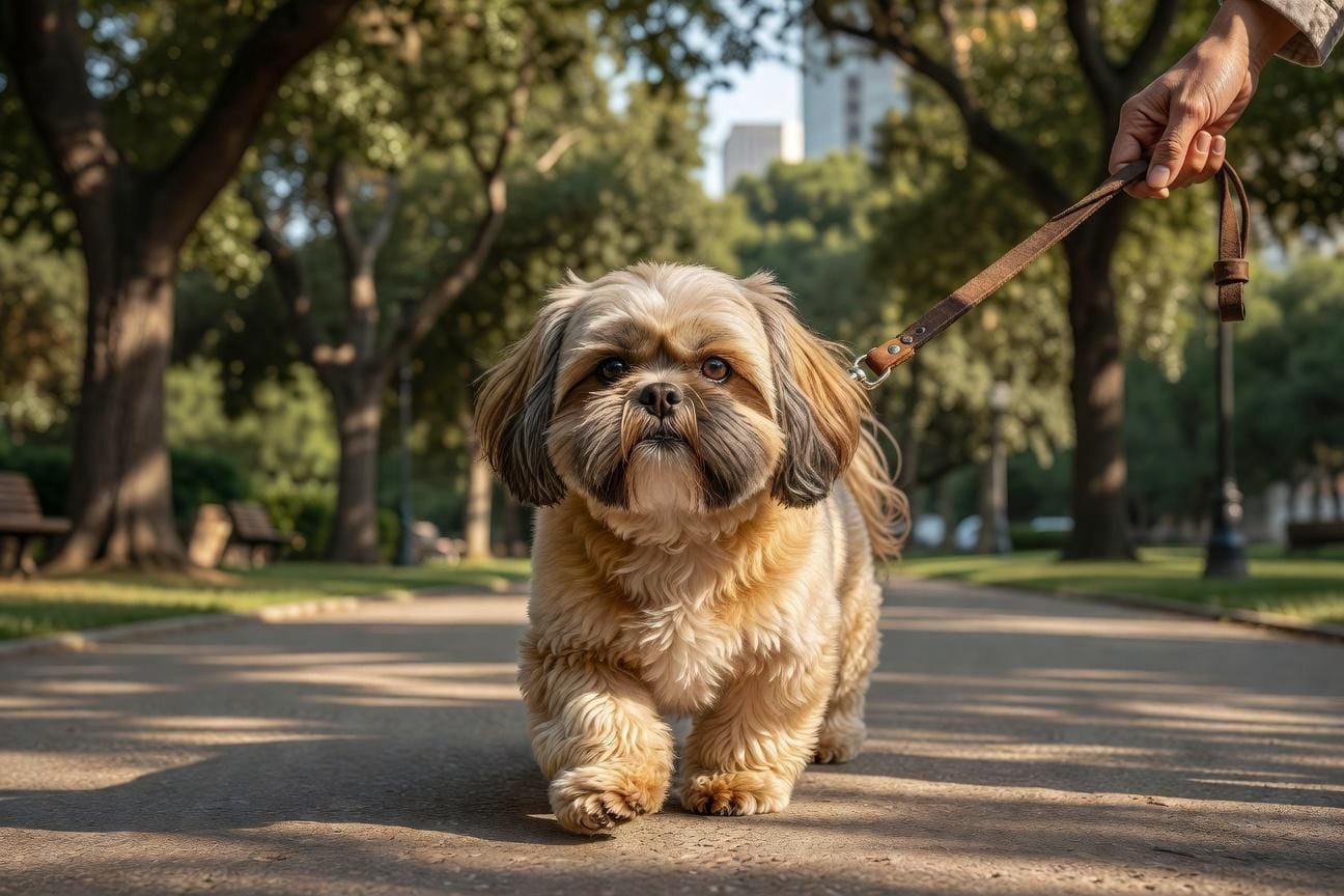 Nauka shih tzu chodzenia na smyczy bez ciągnięcia