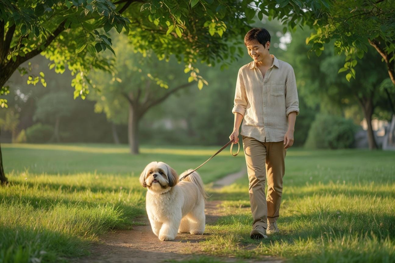 Nauka shih tzu chodzenia na smyczy bez ciągnięcia