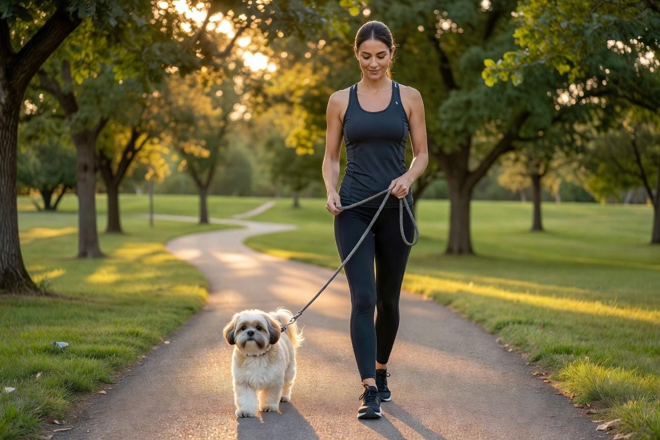 Nauka shih tzu chodzenia na smyczy bez ciągnięcia
