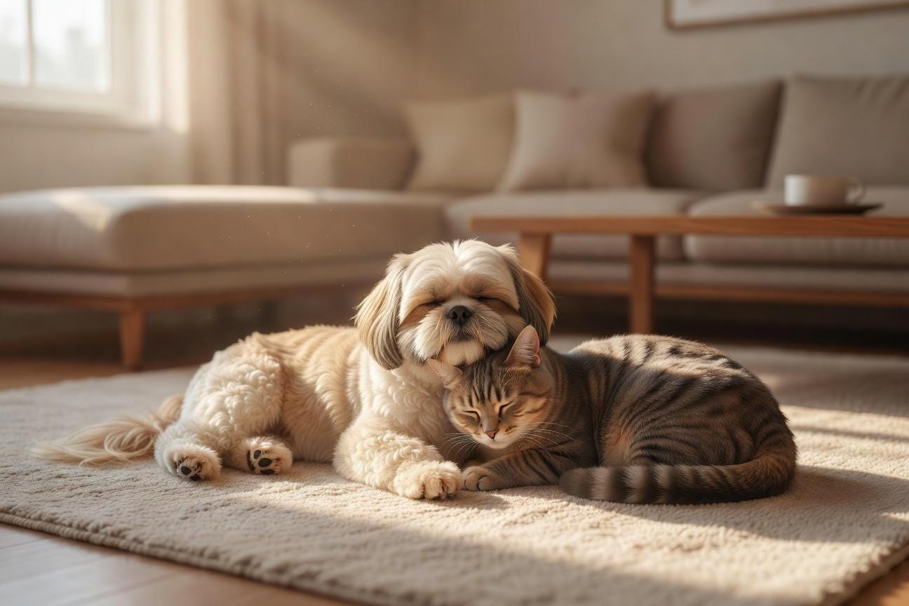 Wspólne życie shih tzu i kota w jednym domu