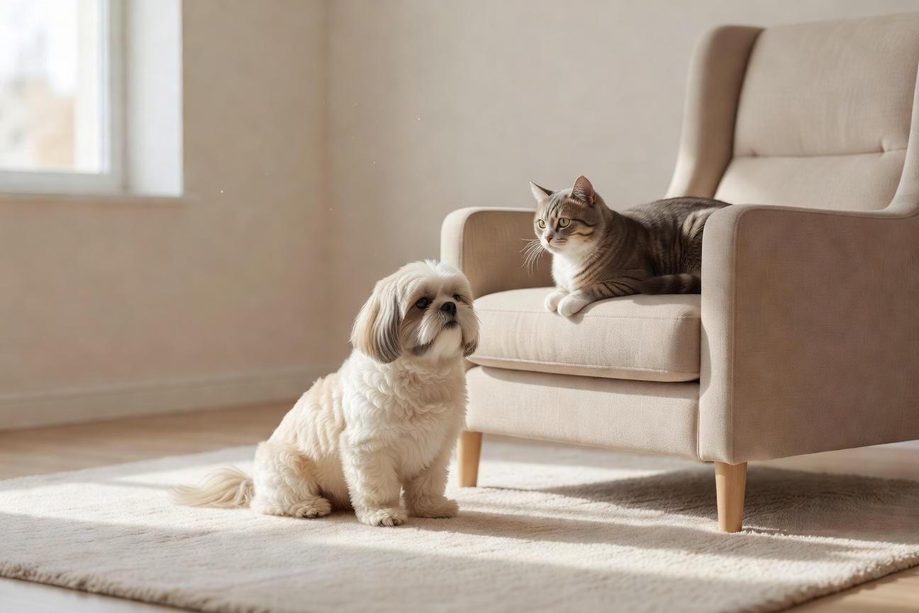 Wspólne życie shih tzu i kota w jednym domu